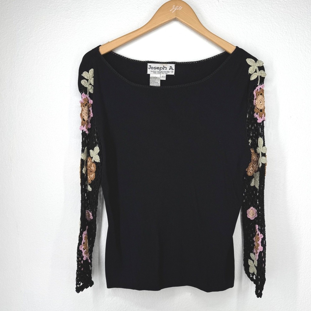 Vtg Crochet Floral Sleeve Long Sleeve Knit Top Womens Size‎ L Granny Open Knit